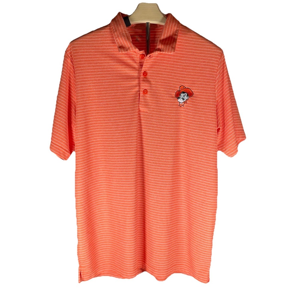 Mens Antigua OSU Cowboys‎ Swinging Pete Orange Striped Performance Polo Large